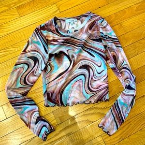 Swirly Print Cropped Semi Sheer Shirt